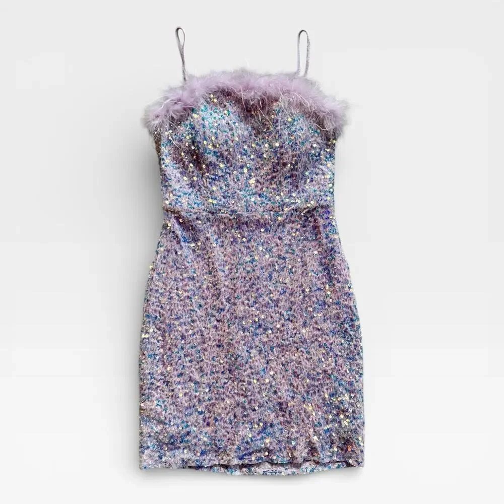 Crystal Doll Sequin Dress Size Medium Purple Feather Trim Y2K Party Formal Mini - Picture 2 of 6